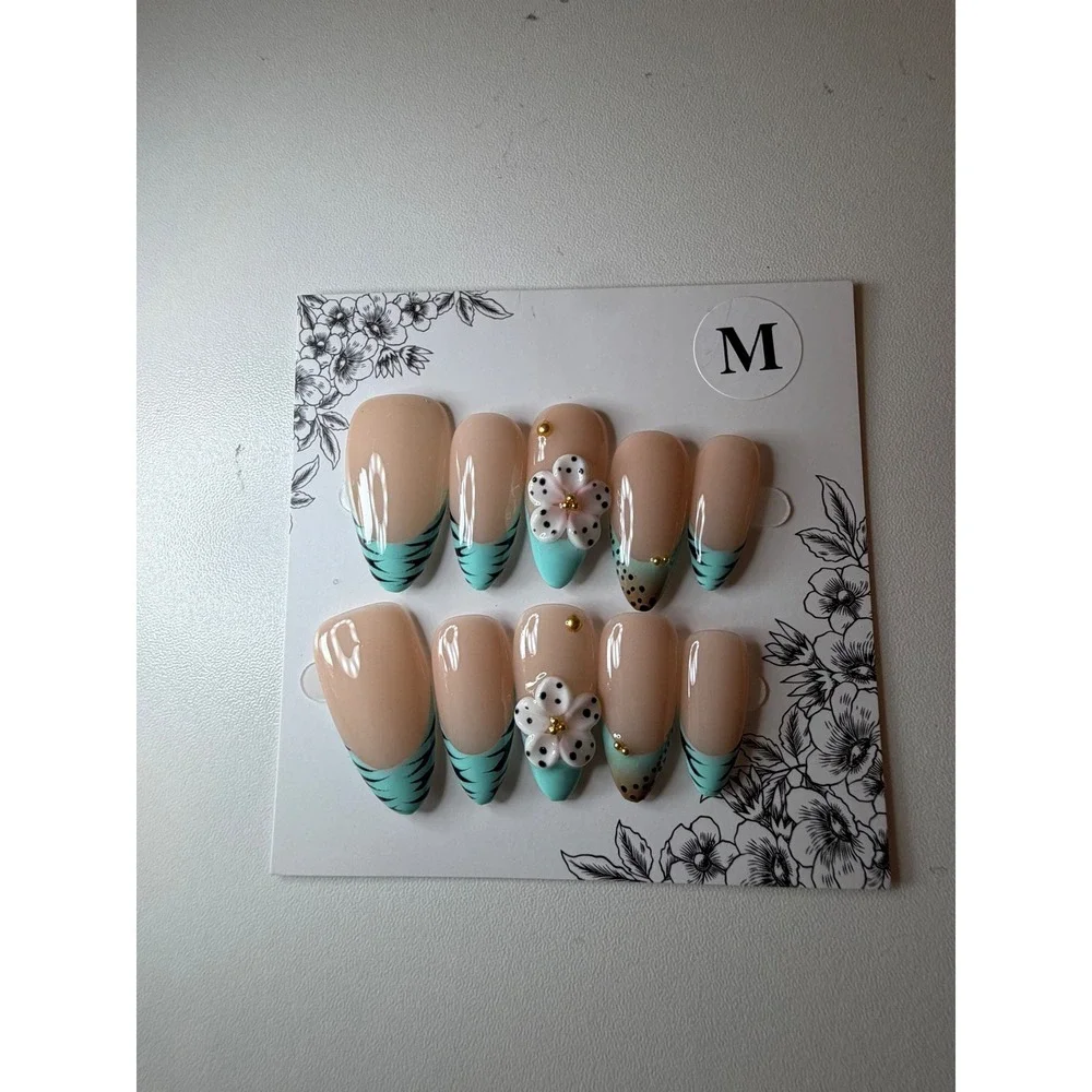 Mint Green 3D Floral & Tiger Stripe Press On Nails Set Size M Handmade